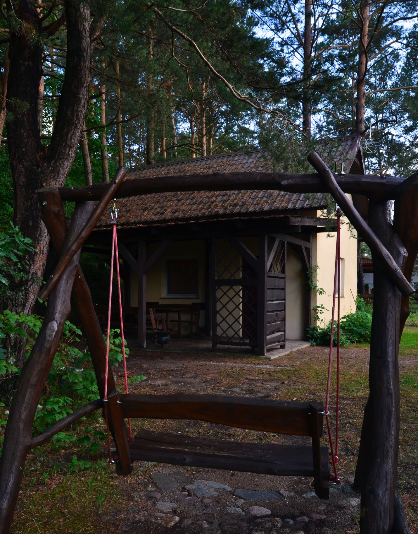 Domek 4 — widok z huśtawką wśród sosen